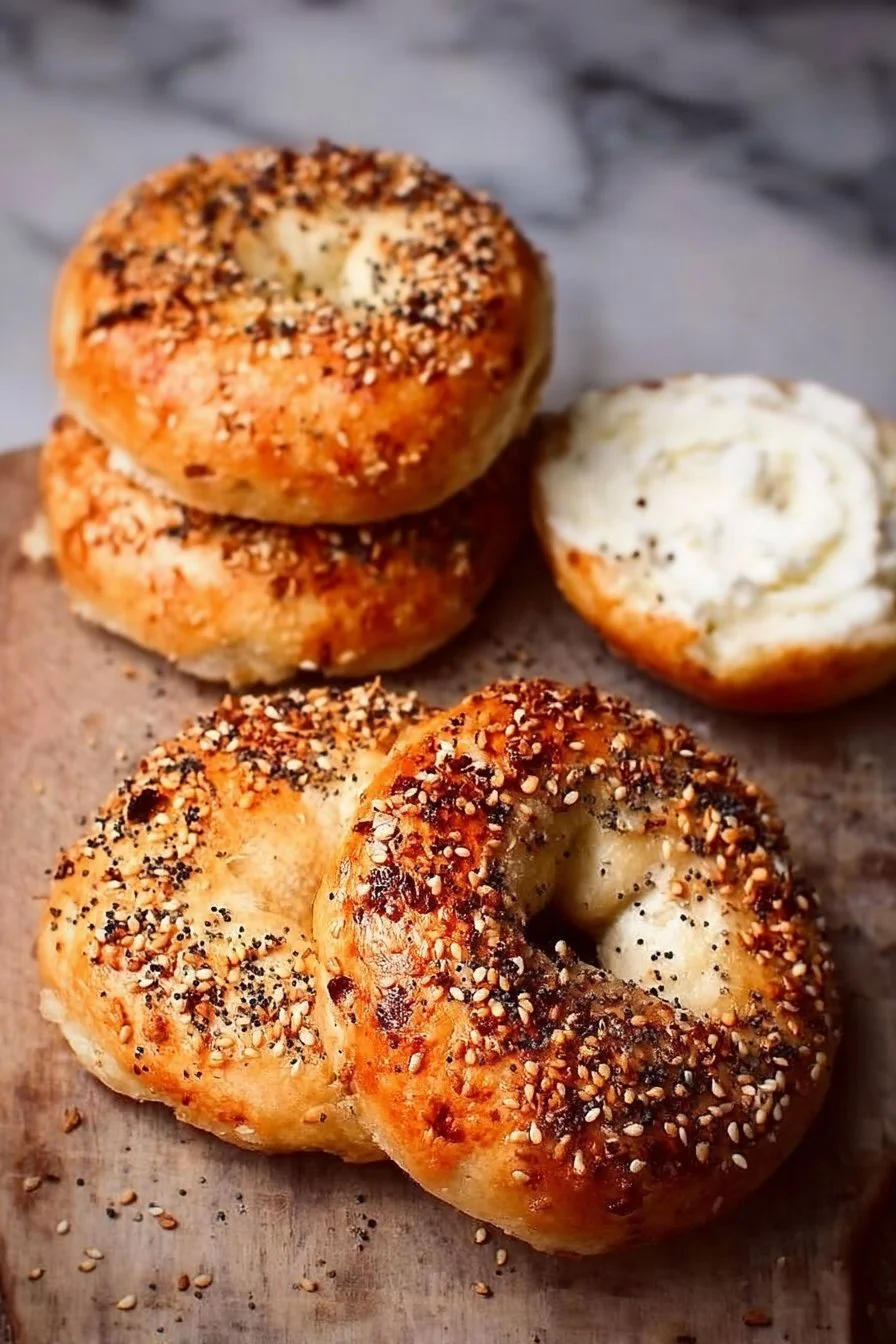 Freshly baked 2-ingredient bagels on a wooden table