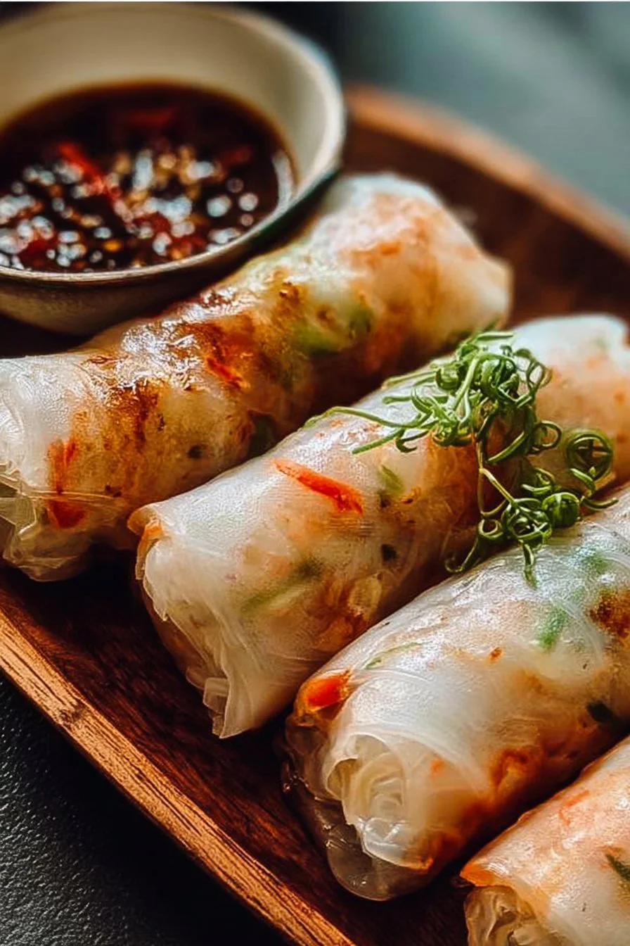 Air fryer rice paper noodle rolls served with dipping sauce