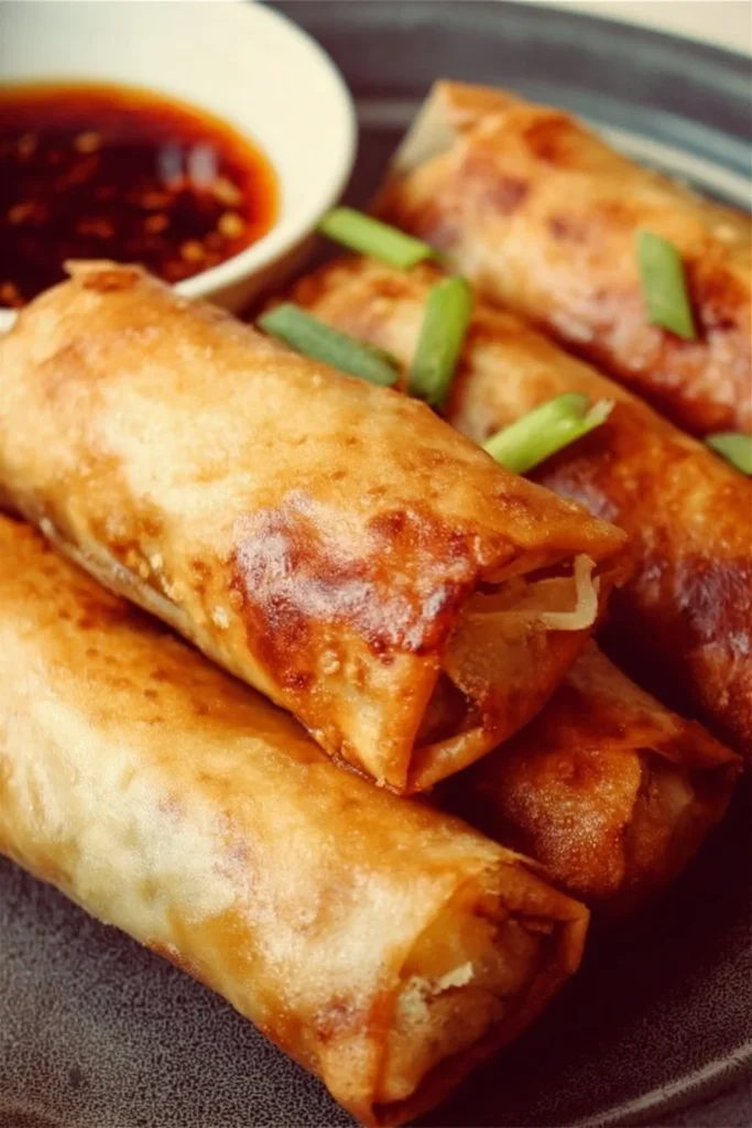 Delicious air fryer spring rolls served on a plate with dipping sauce