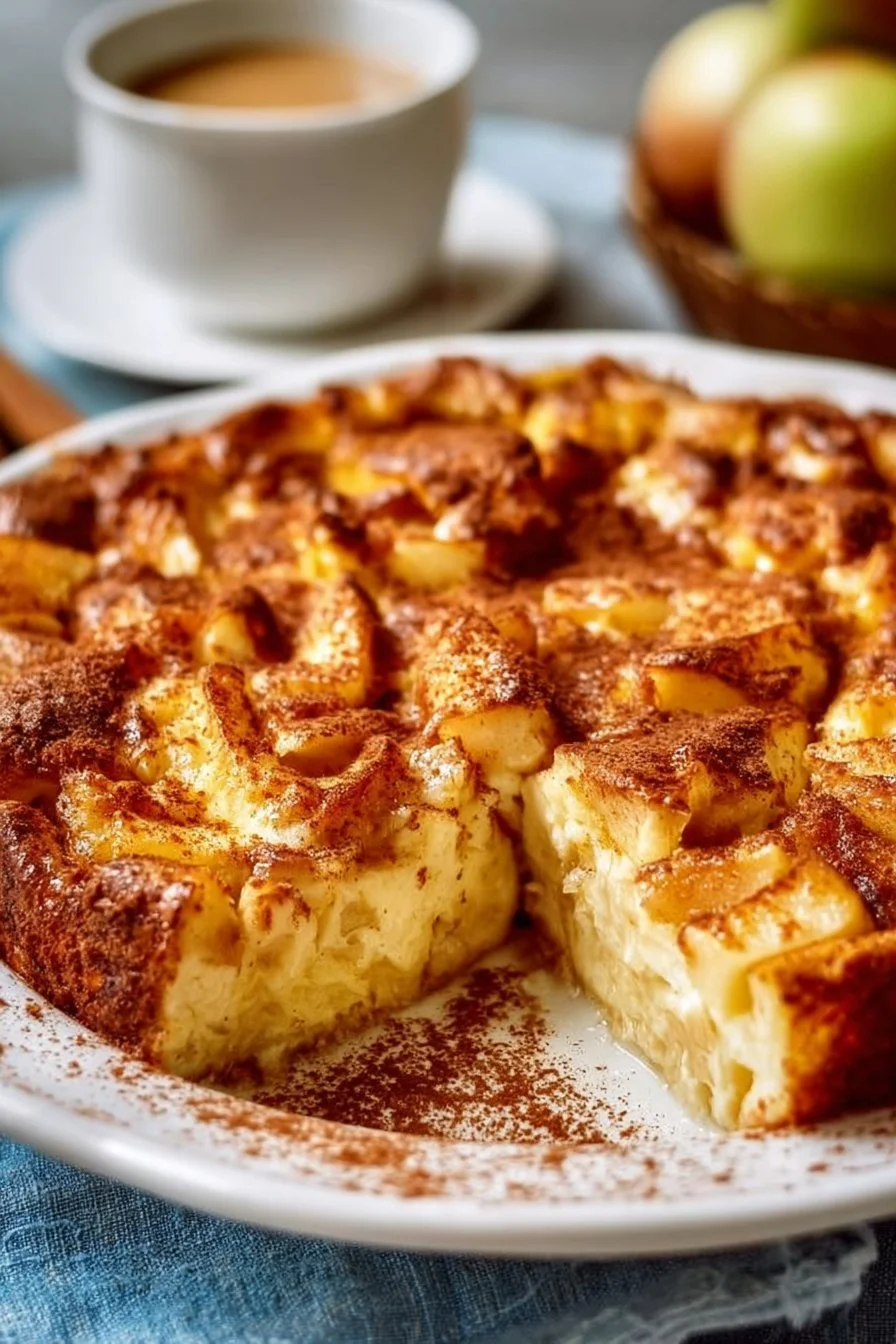 Apple Cinnamon Cottage Cheese Bake topped with apple slices and cinnamon