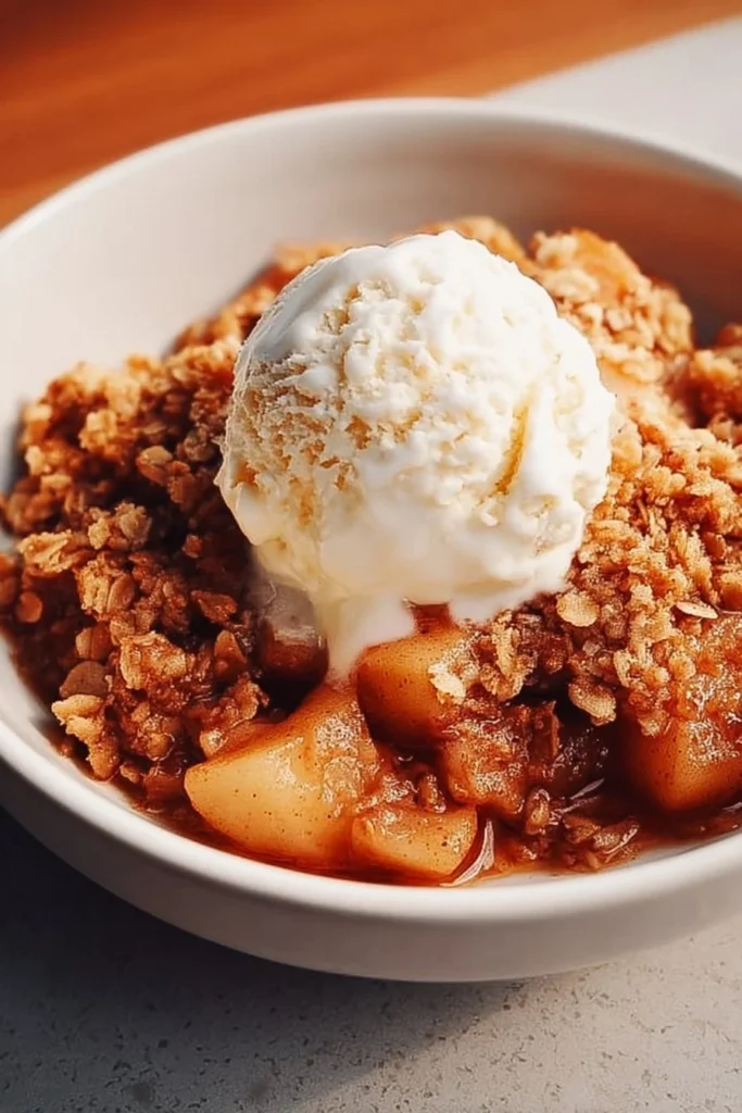 Delicious homemade apple crisp dessert topped with crispy oats and cinnamon
