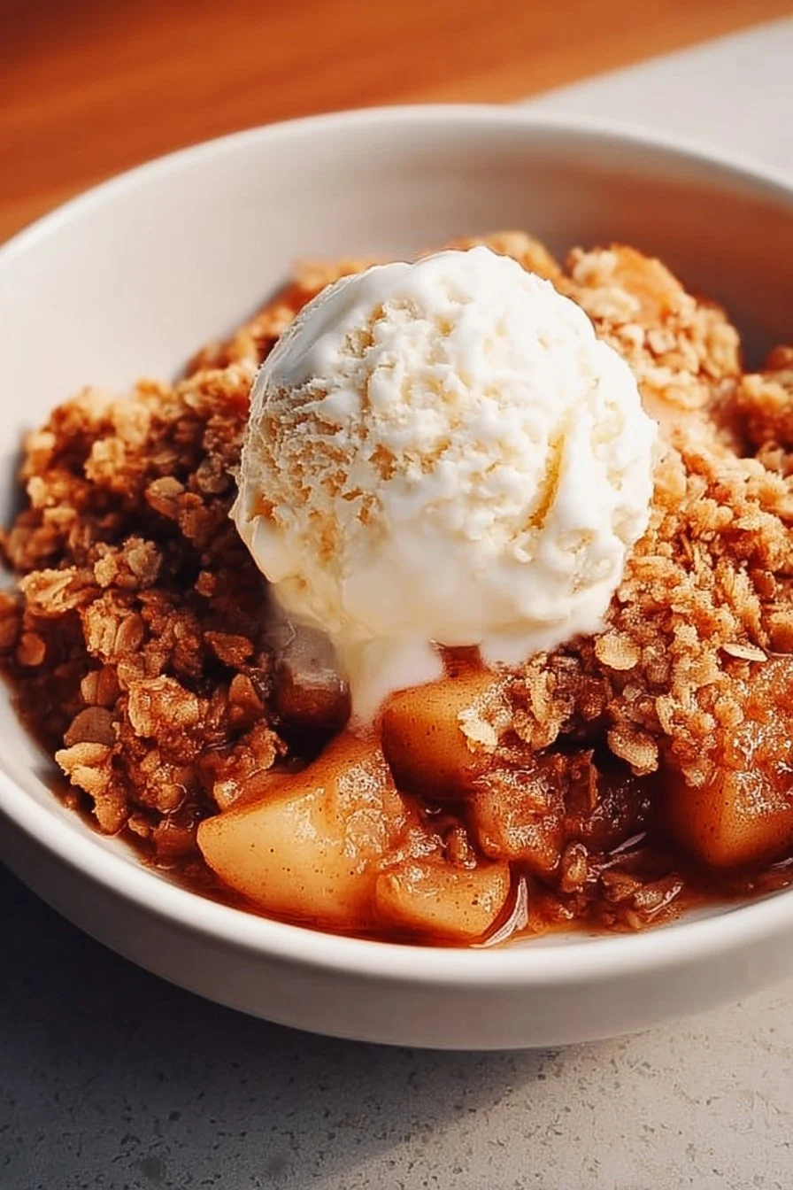 Delicious homemade apple crisp dessert topped with crispy oats and cinnamon