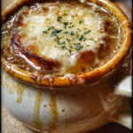 Bowl of authentic French Onion Soup topped with melted cheese and herbs