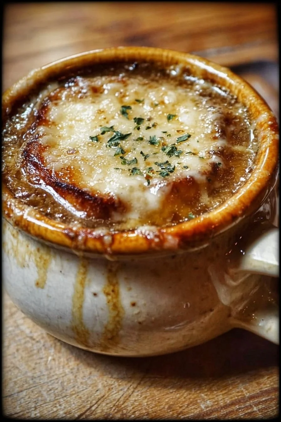 Authentic French Onion Soup 2 Bowl of authentic French Onion Soup topped with melted cheese and herbs