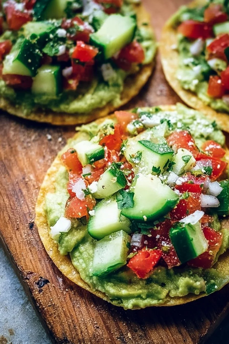 Delicious Avocado Hummus Tostadas with fresh cucumber pico de gallo topping