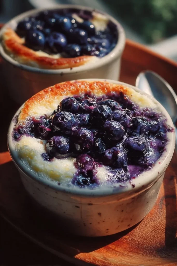 Baked blueberry cottage cheese breakfast bowls topped with fresh blueberries