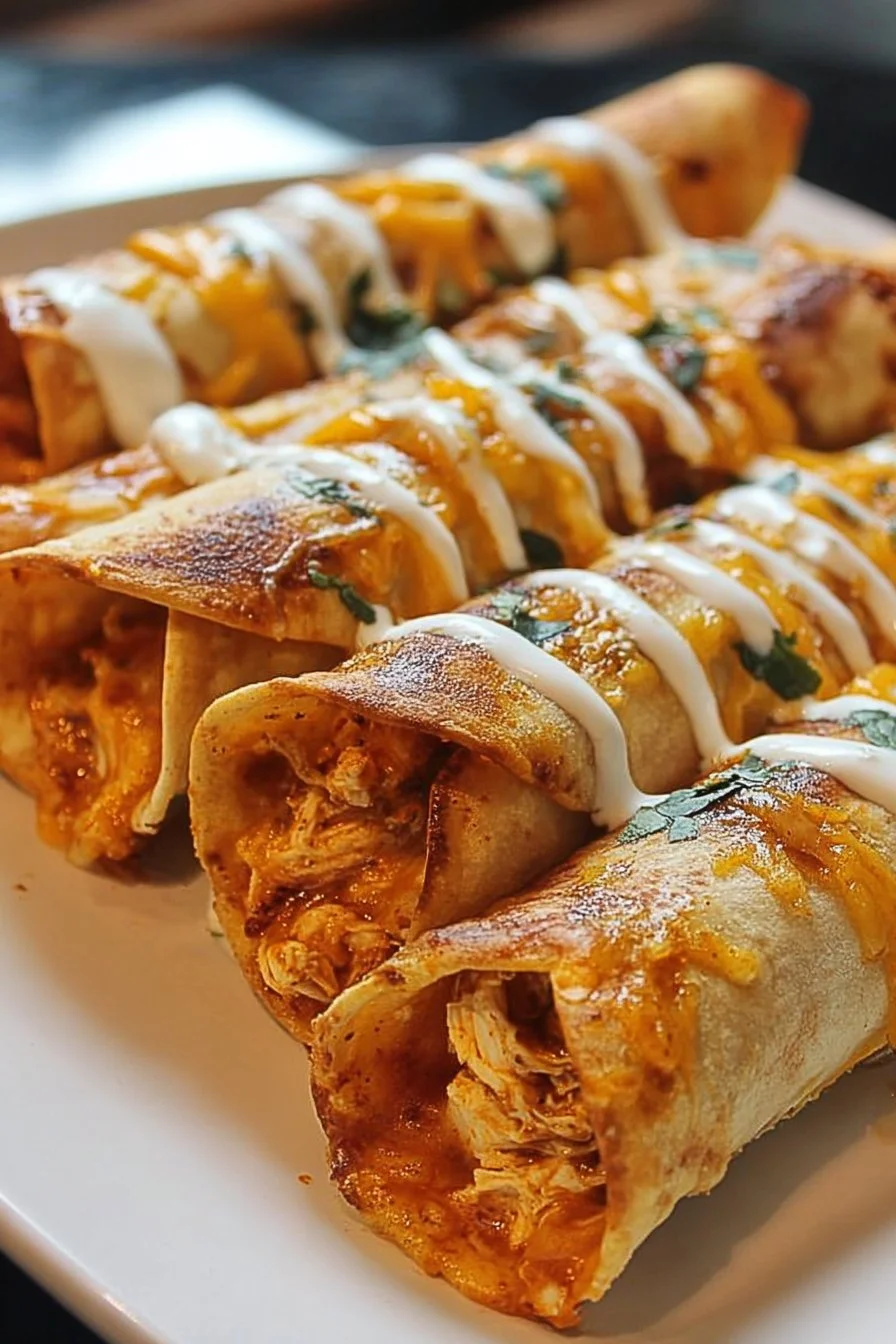 Baked Buffalo Chicken Taquitos served with dipping sauce on a platter