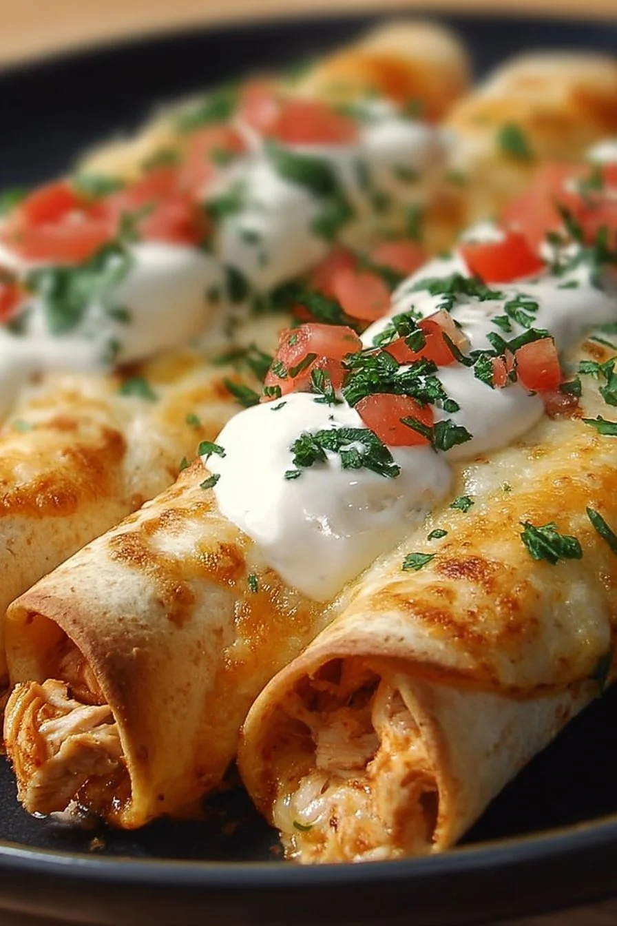 Baked cream cheese chicken taquitos served on a plate with dipping sauce
