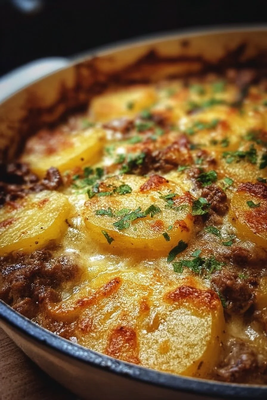 Beef and Potato Casserole 2 Beef and potato casserole baked dish with melted cheese and herbs on top.