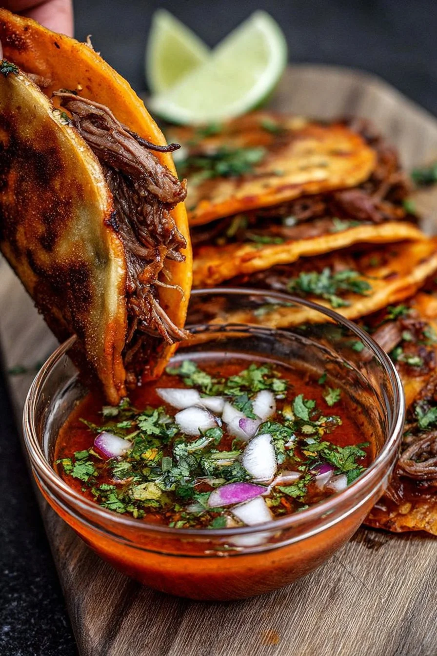 Birria Cheese Tacos 2 Delicious Birria Cheese Tacos topped with melted cheese and fresh herbs