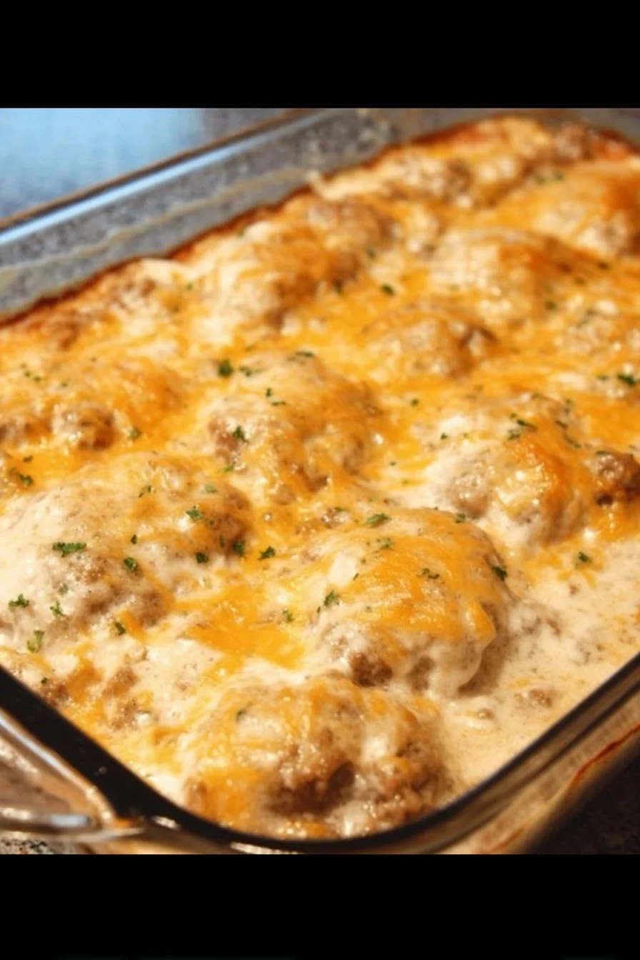 Biscuits and Gravy Casserole 2 Biscuits and Gravy Casserole baked and ready to serve with gravy drizzled on top.