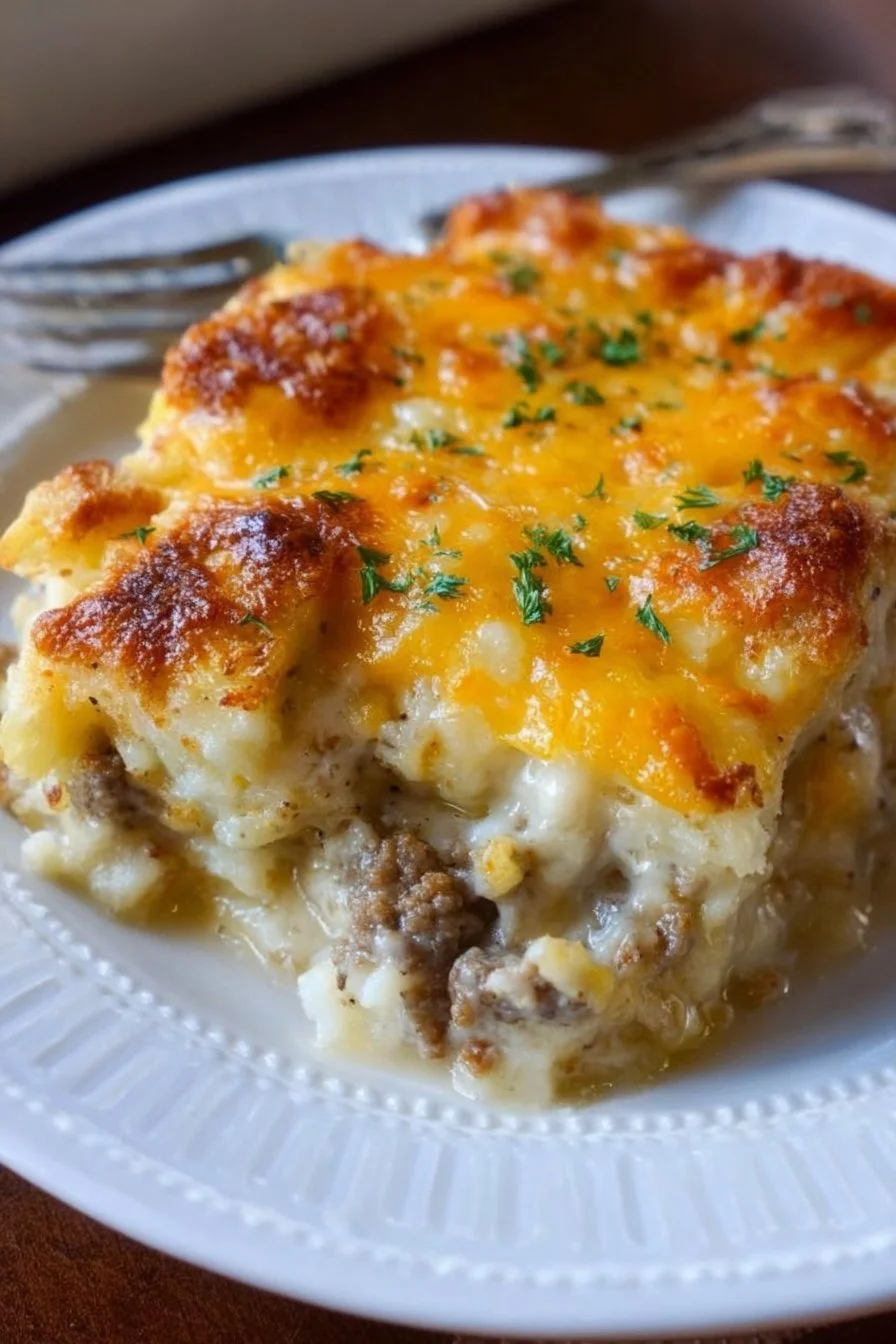 Biscuits and Gravy Hashbrown Breakfast Casserole 2 Biscuits and Gravy Hashbrown Breakfast Casserole served in a baking dish
