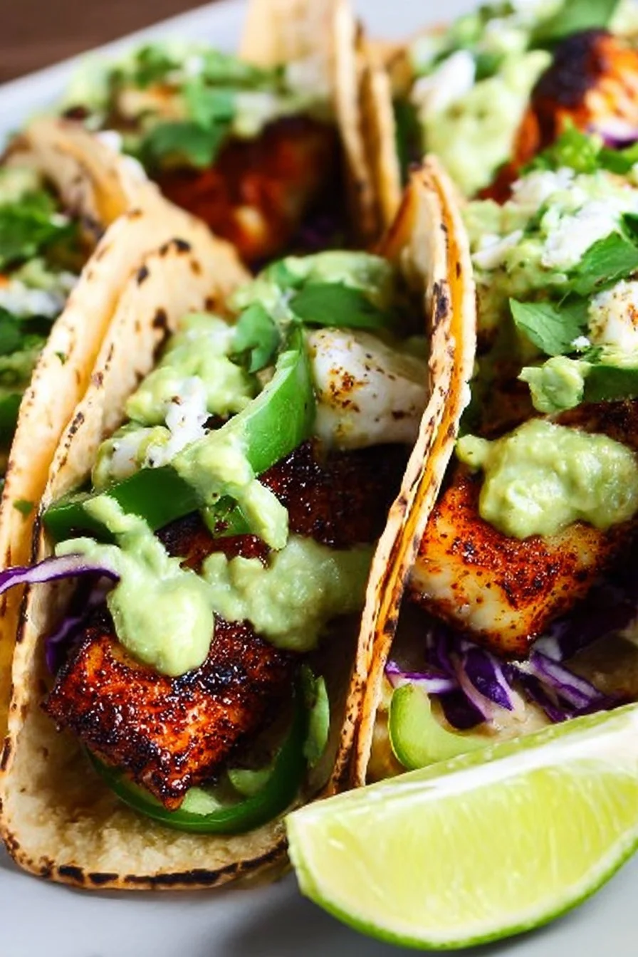 Blackened Cod Fish Tacos with Cilantro Avocado Sauce 2 Blackened cod fish tacos with cilantro avocado sauce on a plate
