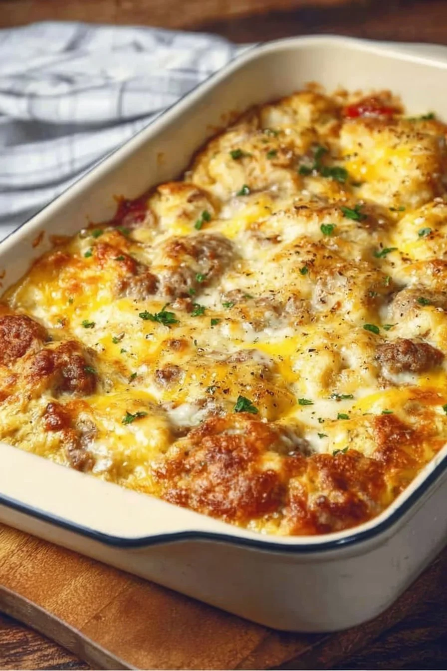 Breakfast Casserole with Sausage and Biscuits 2 Delicious breakfast casserole with sausage and biscuits served in a baking dish.