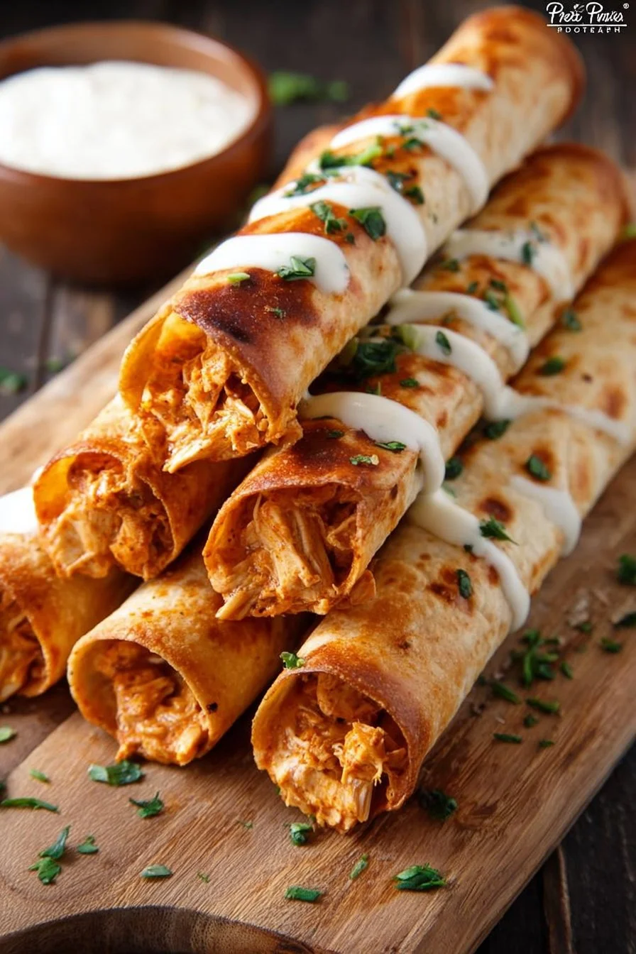Buffalo Chicken Taquitos served with dipping sauce on a plate