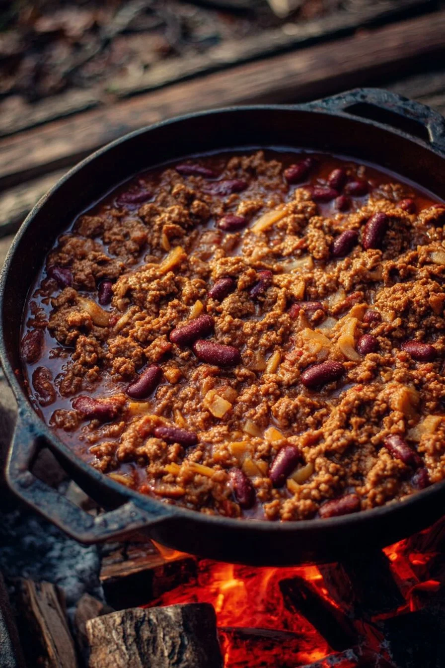 Campfire Dutch oven pulled pork served with apple crisp in a rustic setting.