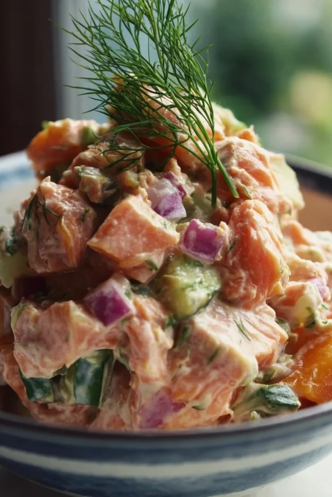 Healthy and delicious canned salmon salad served in a bowl with fresh vegetables.