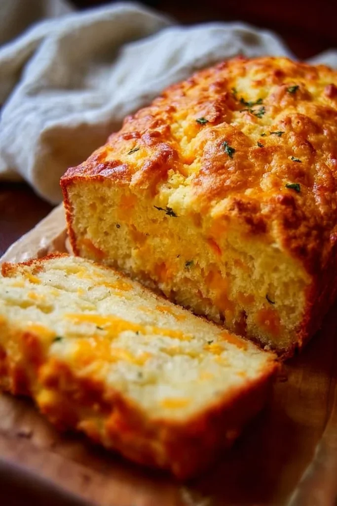 Homemade Cheddar Cheese Quick Bread freshly baked and sliced