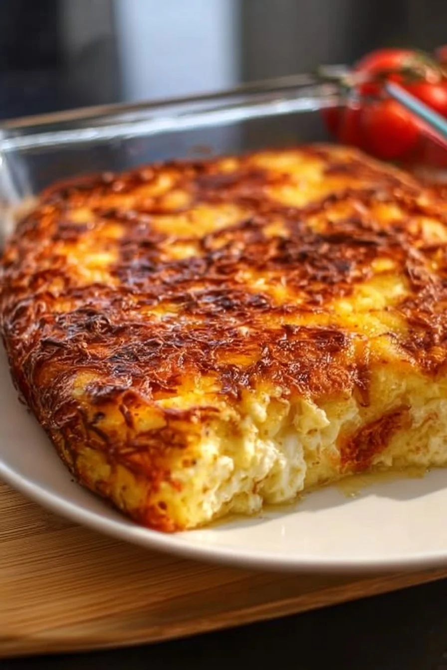 Cheesy Cottage Cheese Casserole 2 Cheesy cottage cheese casserole served on a plate with toppings