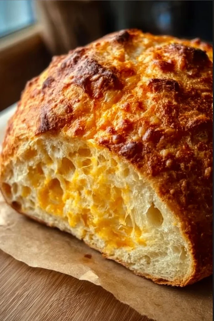 Cheesy Dutch Oven Cheddar Bread fresh out of the oven, golden and crusty.