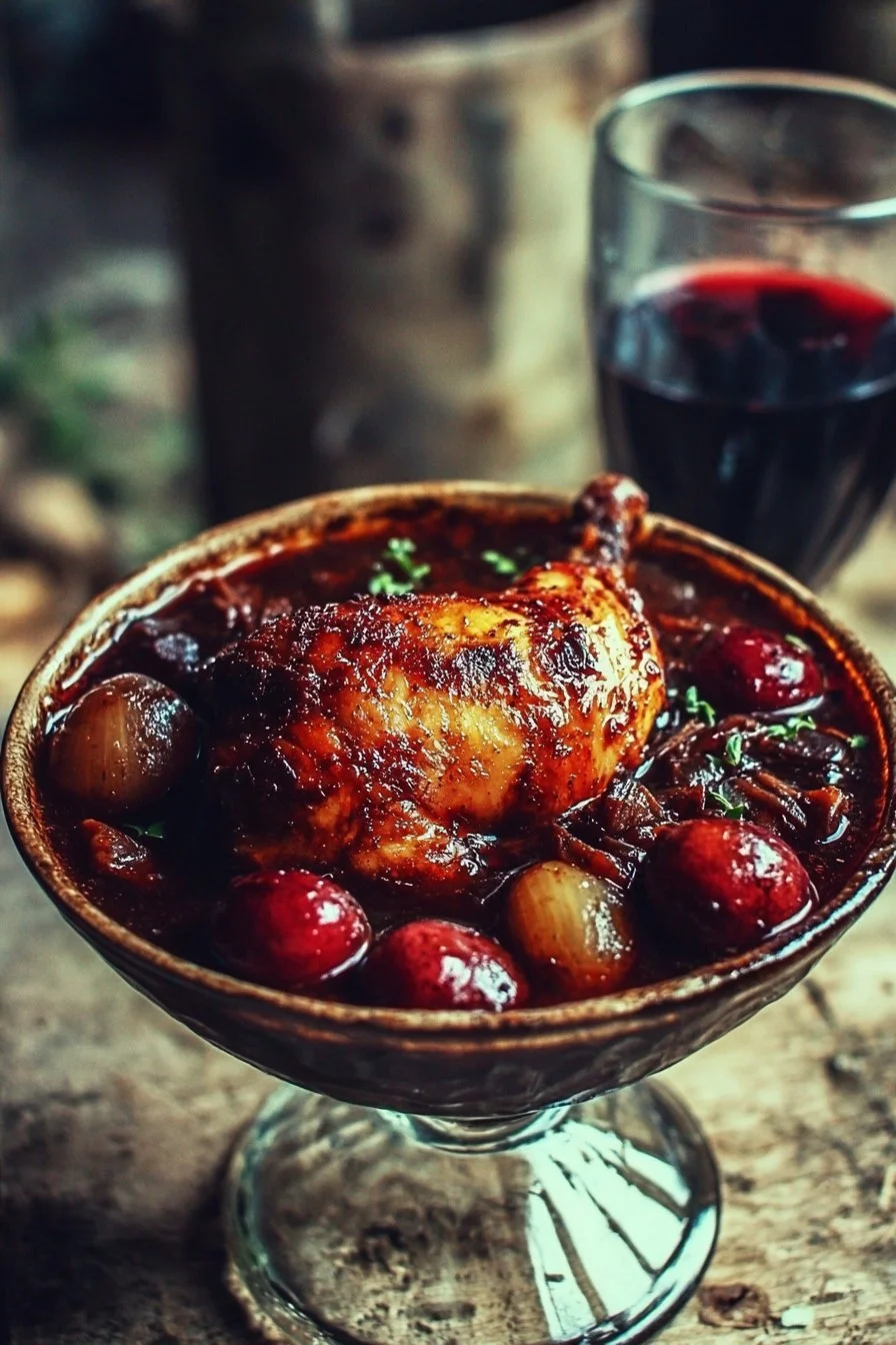 Delicious chicken in wine dish served on a plate with herbs and spices