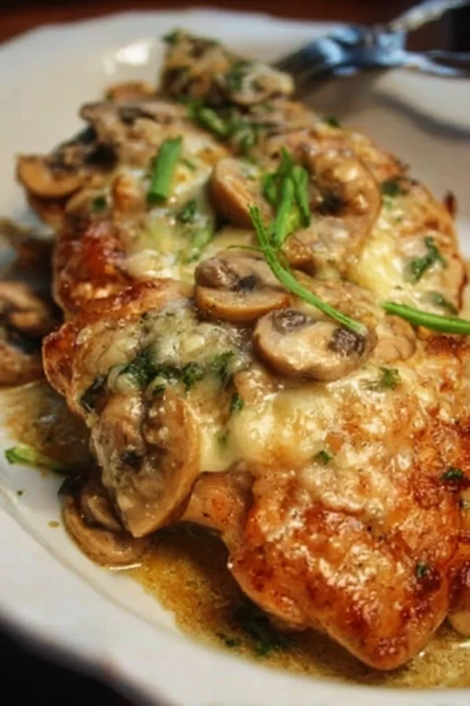 Plate of Chicken Lombardy with mushrooms and sauce
