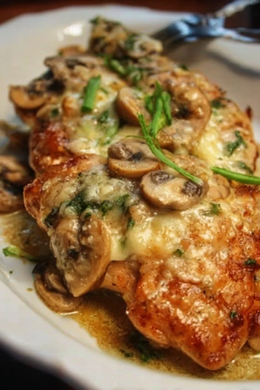 Chicken Lombardy 2 Plate of Chicken Lombardy with mushrooms and sauce