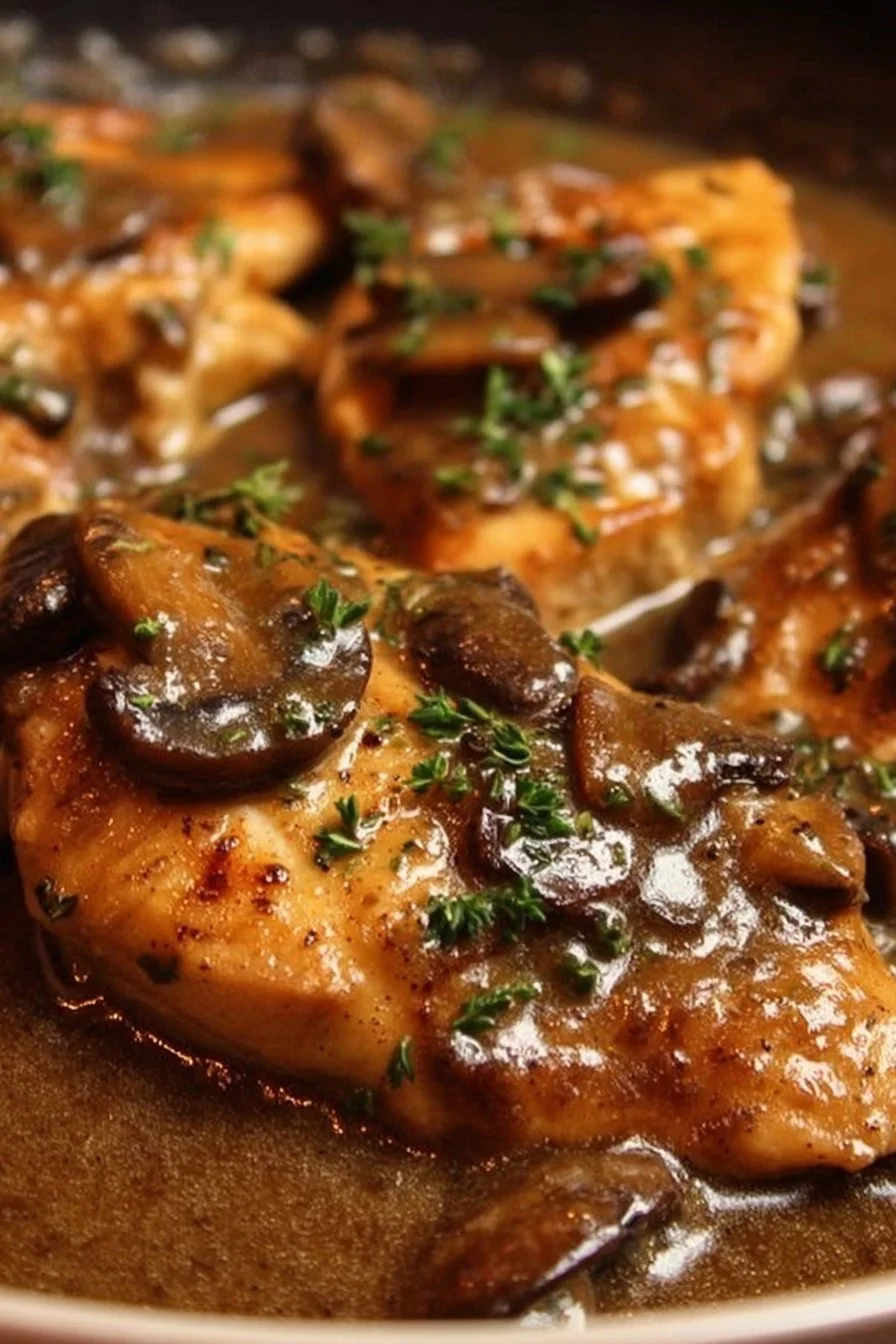 Plate of Chicken Marsala with mushrooms and herbs garnished, served over a bed of pasta.
