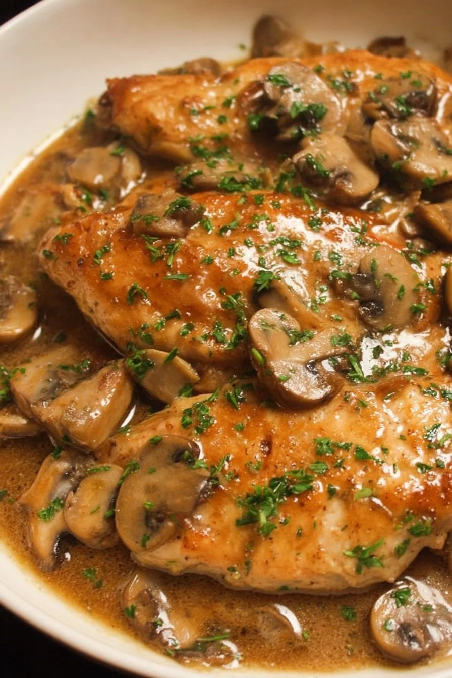 Plate of Chicken Marsala with mushrooms and herbs served on a white dish