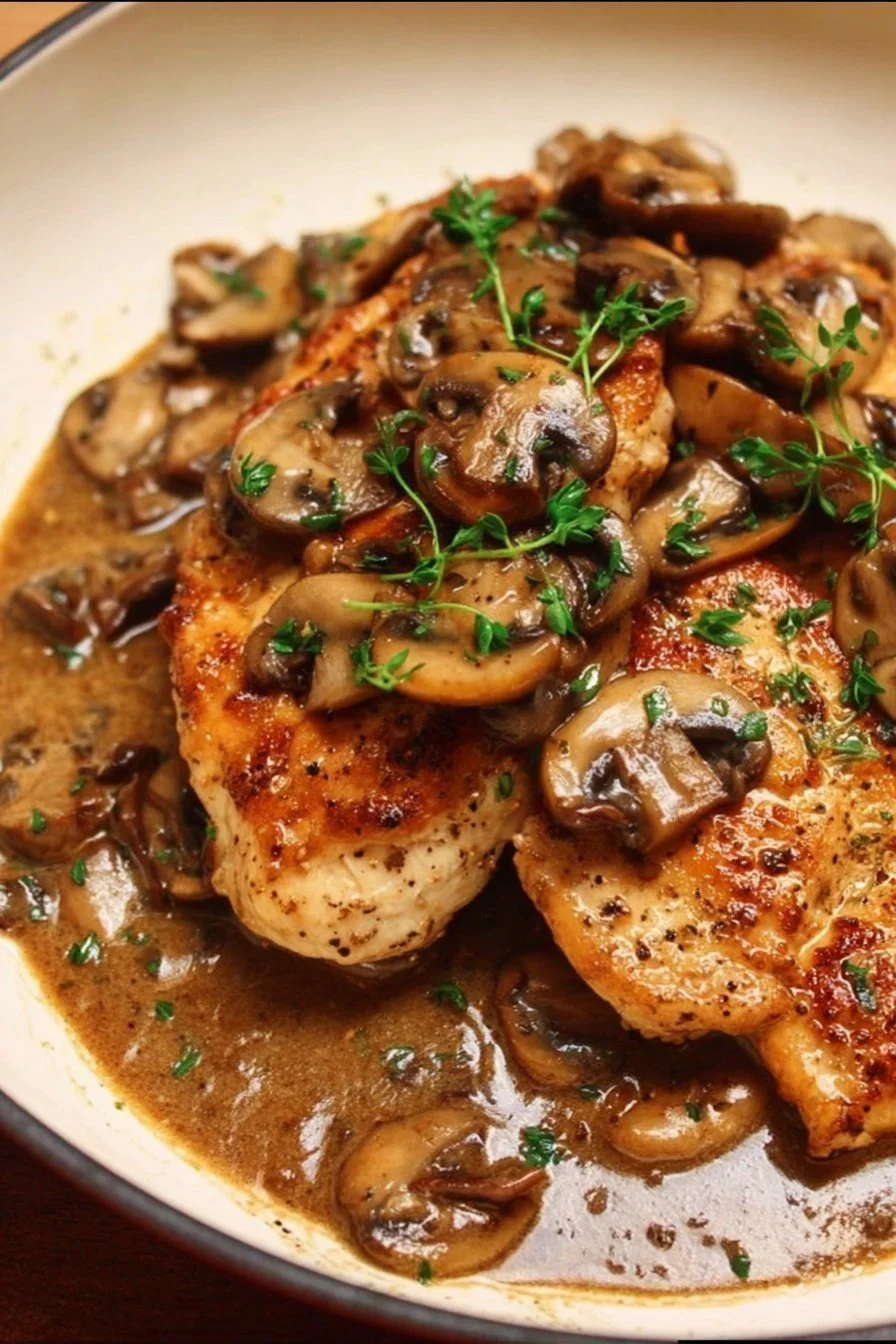 Chicken Marsala 2 Plate of Chicken Marsala with mushrooms and herbs in a rich sauce