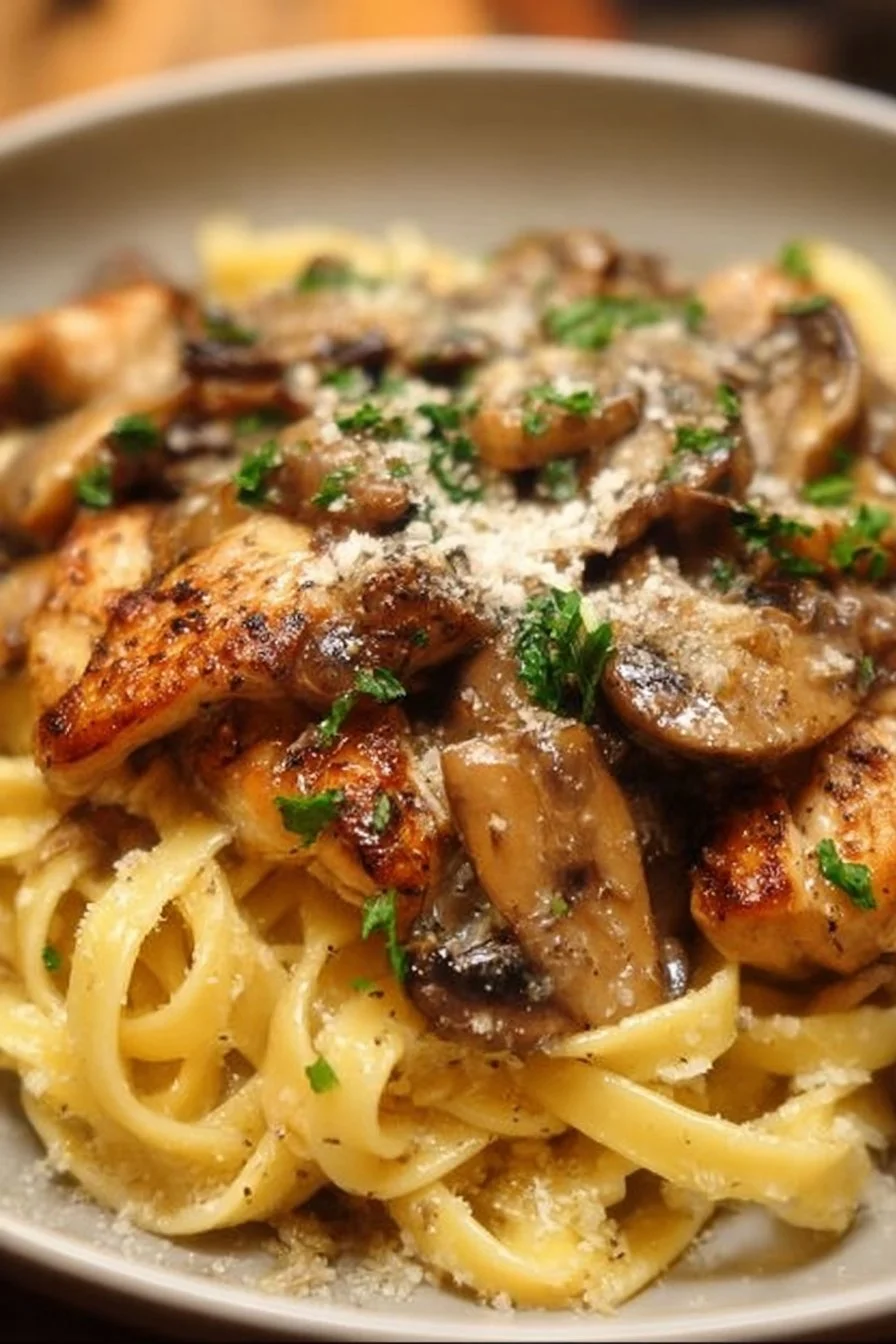 Plate of Chicken Marsala Pasta topped with herbs and mushrooms in a creamy sauce