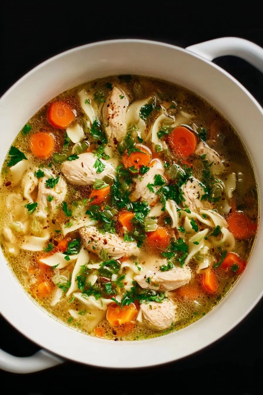 Chicken Noodle Soup 2 Bowl of delicious homemade chicken noodle soup with fresh vegetables and herbs