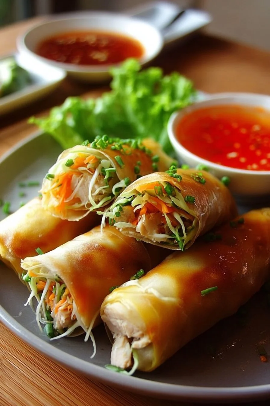 Plate of flavorful Chicken Spring Rolls, crispy and stuffed with chicken and vegetables.