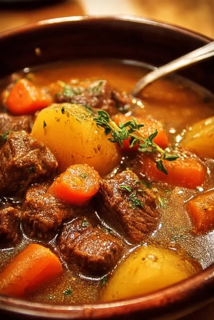 Bowl of classic old fashioned beef stew with vegetables and herbs