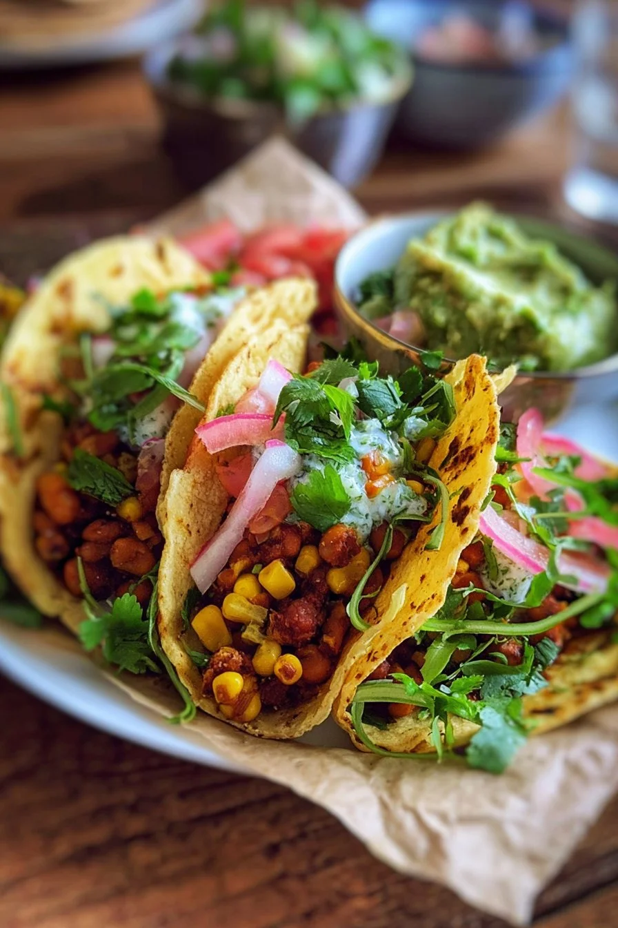 Delicious corn salad served alongside bean tacos for a healthy meal
