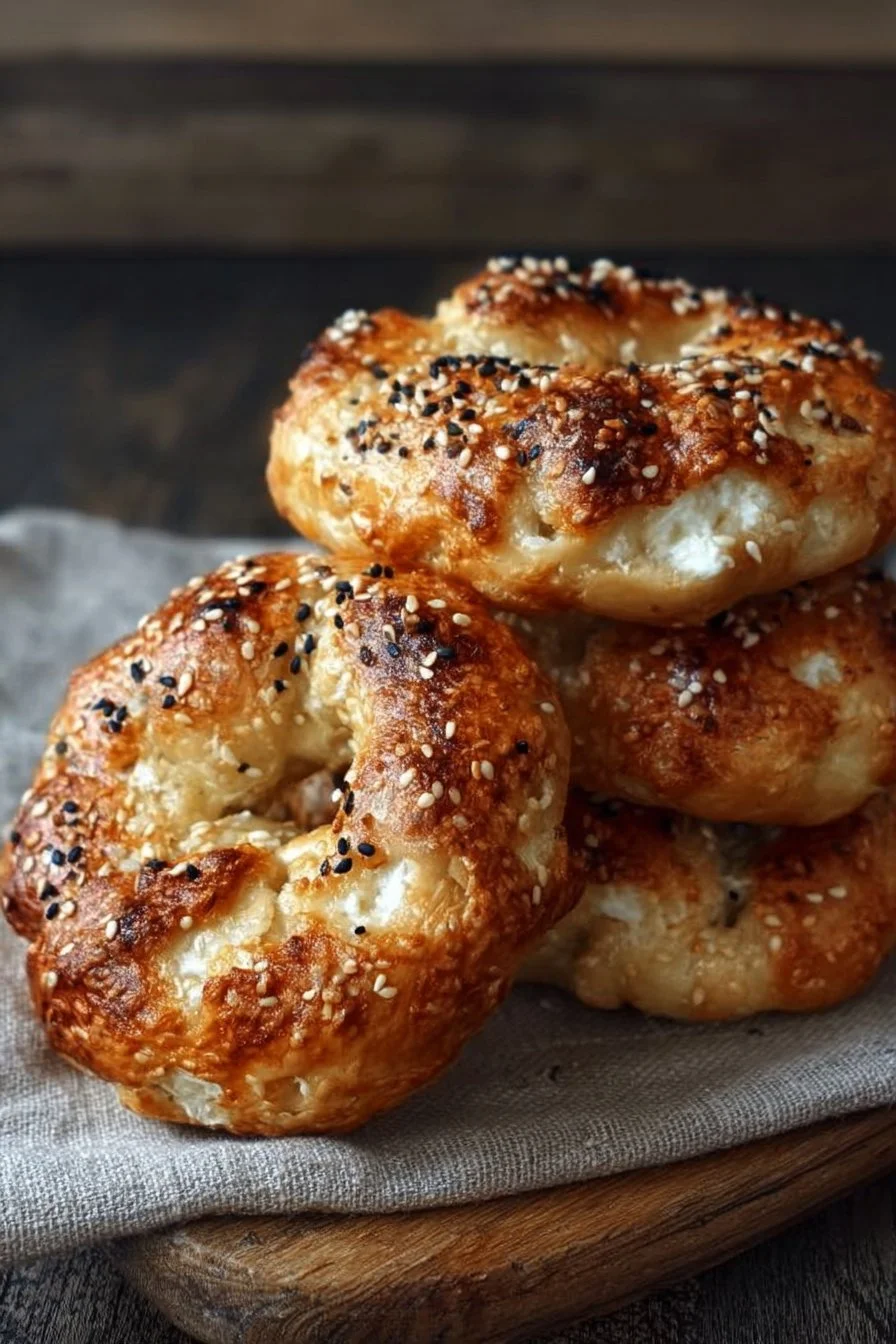 Homemade cottage cheese bagels topped with sesame seeds on a wooden board