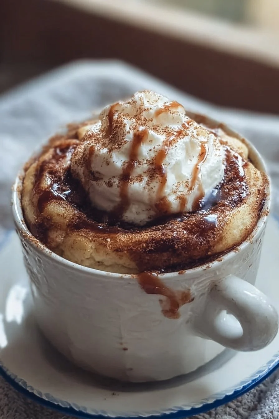 Delicious Cottage Cheese Cinnamon Roll Mug Cake topped with cinnamon and icing.