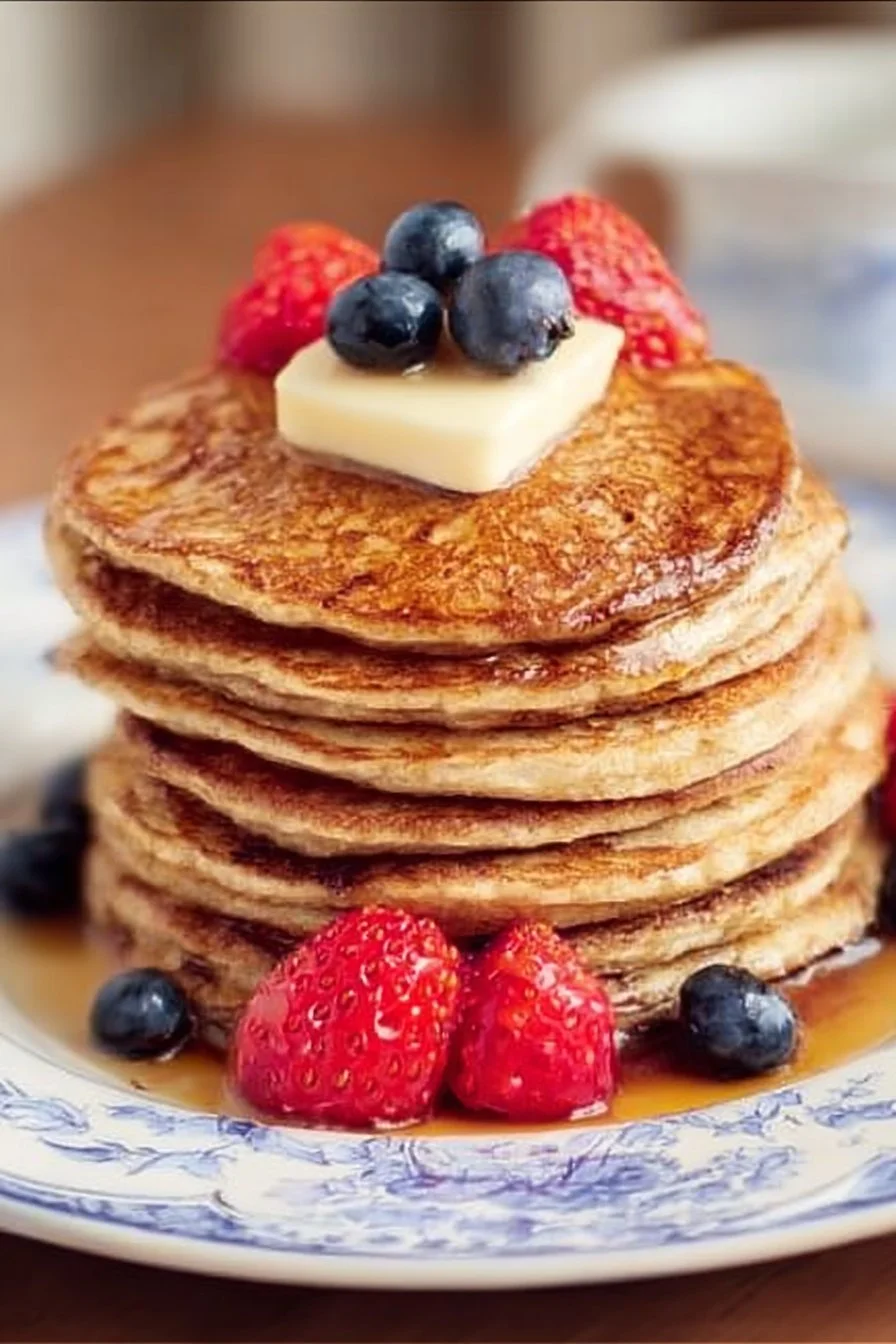 Delicious cottage cheese oatmeal pancakes stacked on a plate