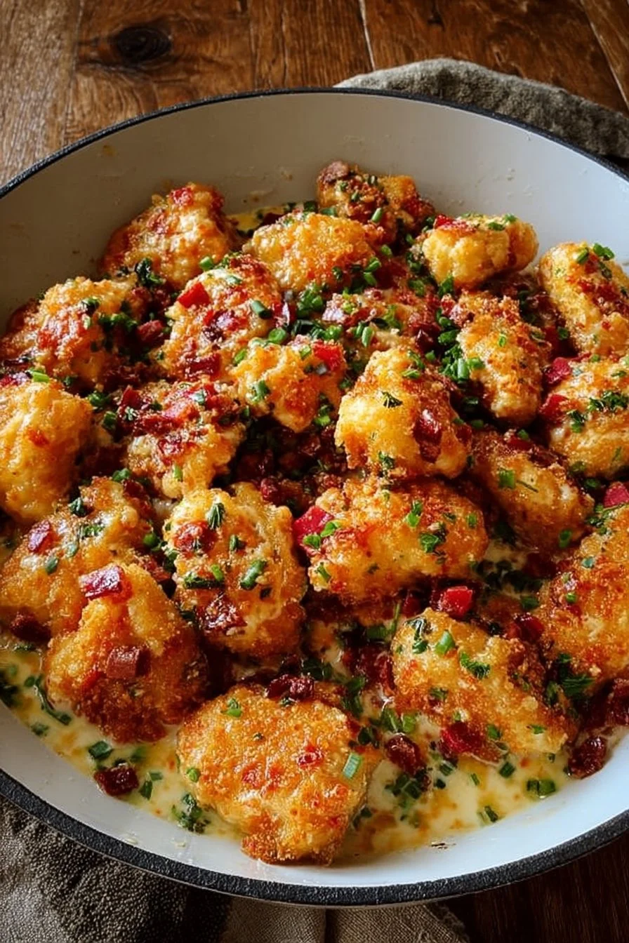 Skillet of Cottage Cheese Parmesan Firecracker Chicken garnished with herbs