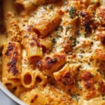 Creamy cottage cheese rigatoni dish garnished with herbs