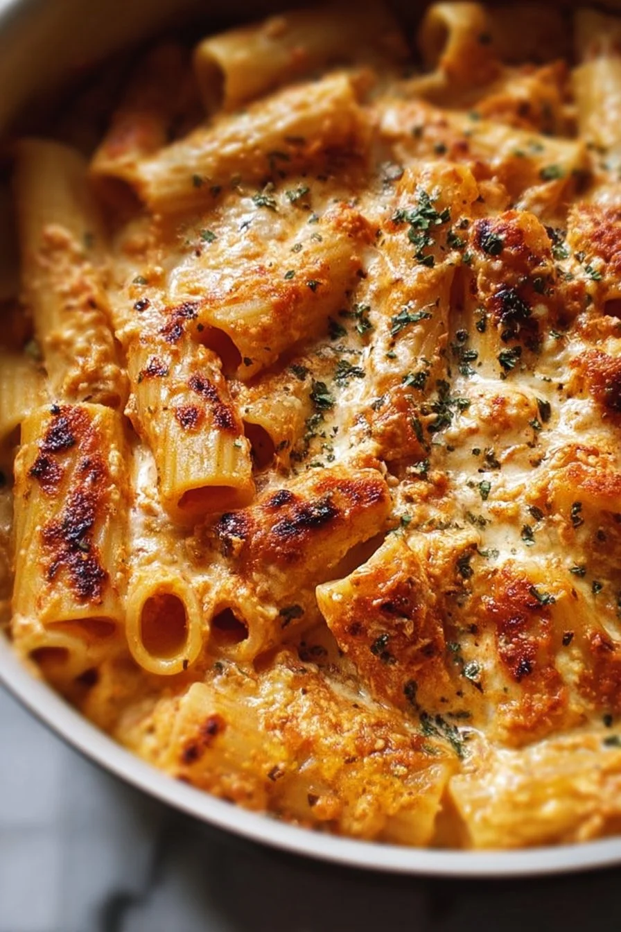 Creamy cottage cheese rigatoni dish garnished with herbs
