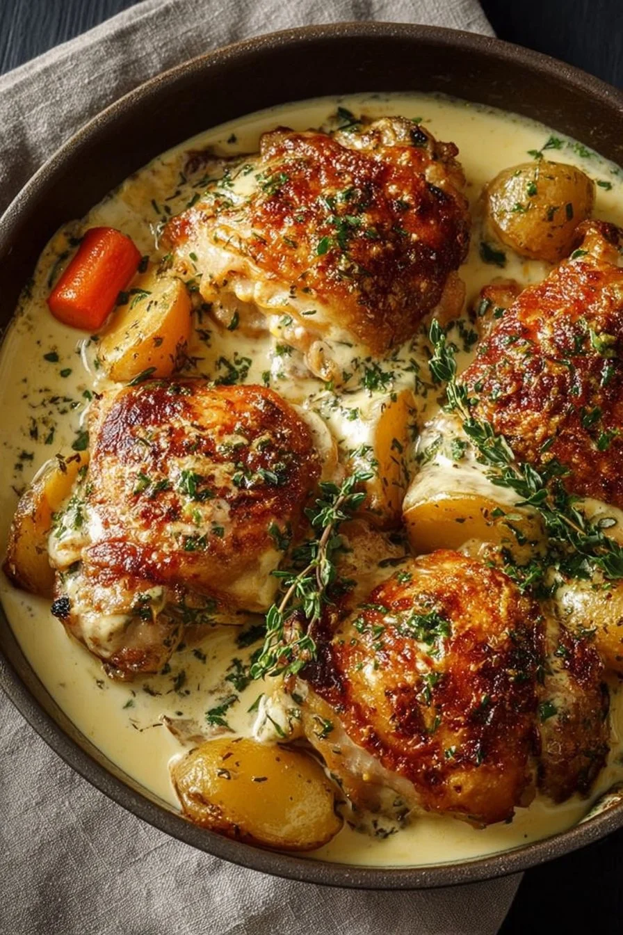 Creamy Baked Dijon Chicken Thighs served with herbs and spices