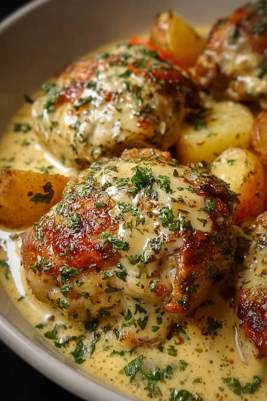 Creamy Baked Dijon Chicken Thighs 2 Creamy baked Dijon chicken thighs served on a plate with herbs.