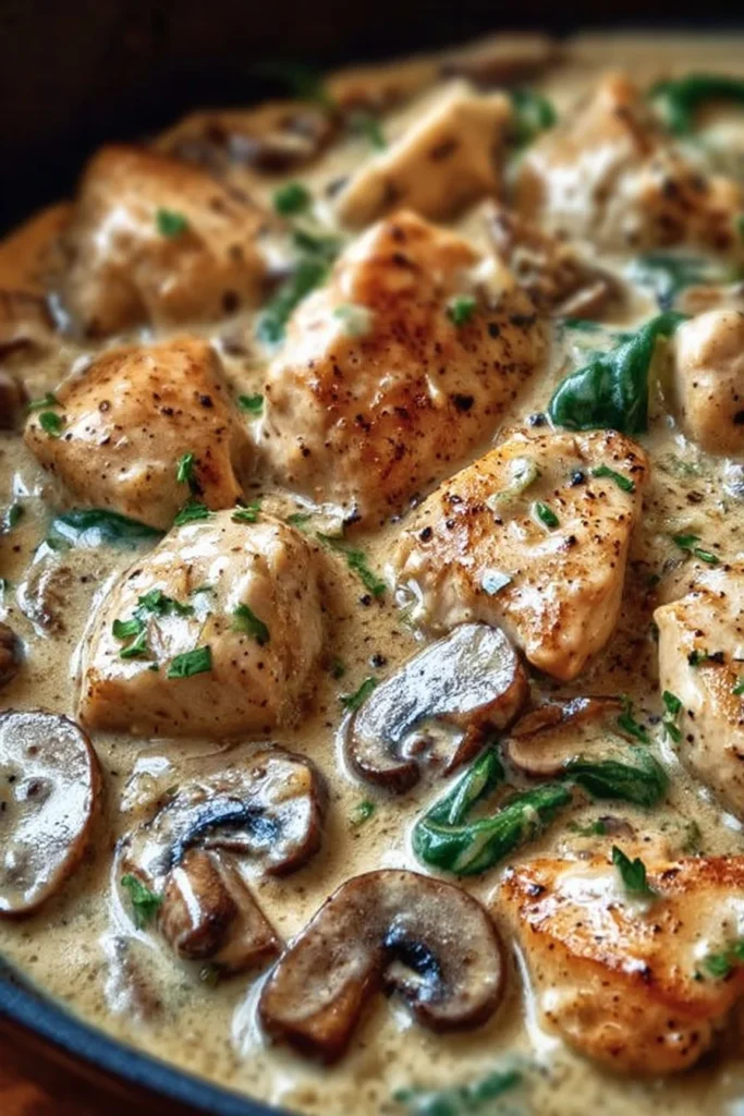 Creamy Chicken and Mushroom Skillet served in a rustic pan with herbs