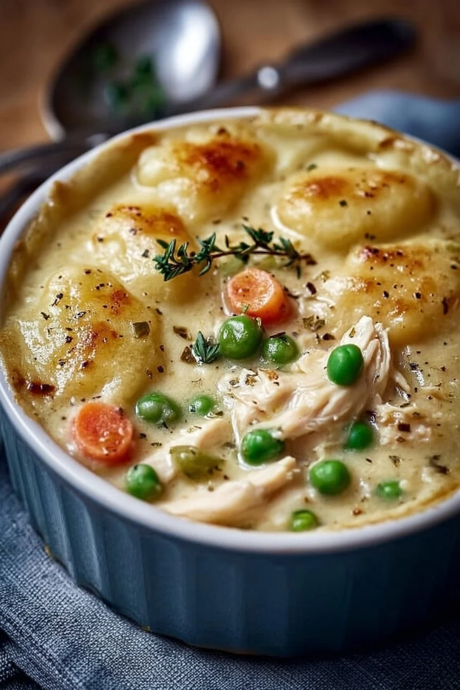 Creamy Chicken Gnocchi Pot Pie 2 Creamy chicken gnocchi pot pie topped with flaky crust in a baking dish