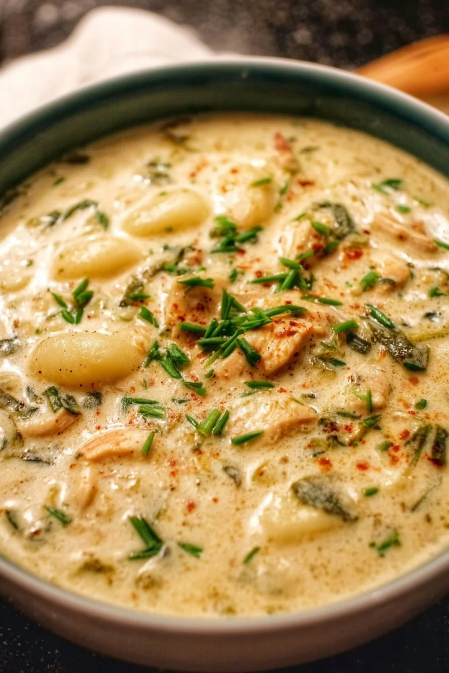 Creamy Chicken Gnocchi Soup 2 Creamy Chicken Gnocchi Soup in a bowl with herbs and vegetables