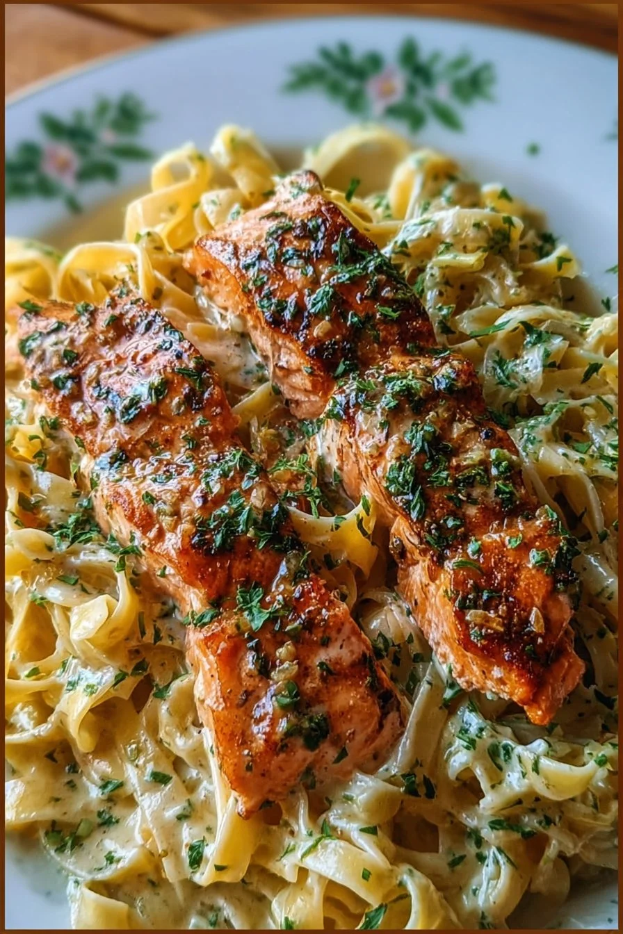 Creamy garlic butter salmon fettuccine dish on a white plate