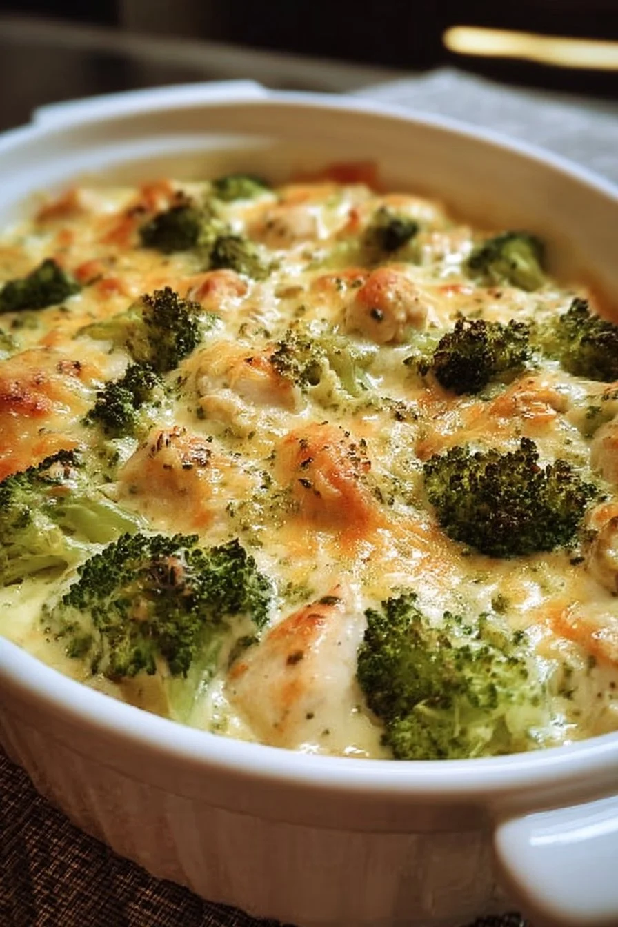 Creamy Low-Carb Broccoli Chicken Casserole 2 Creamy low-carb broccoli chicken casserole served in a baking dish