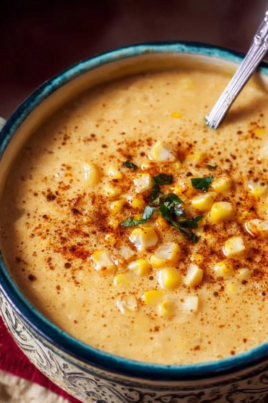 Creamy Mexican Corn Soup 2 Bowl of creamy Mexican corn soup garnished with fresh herbs