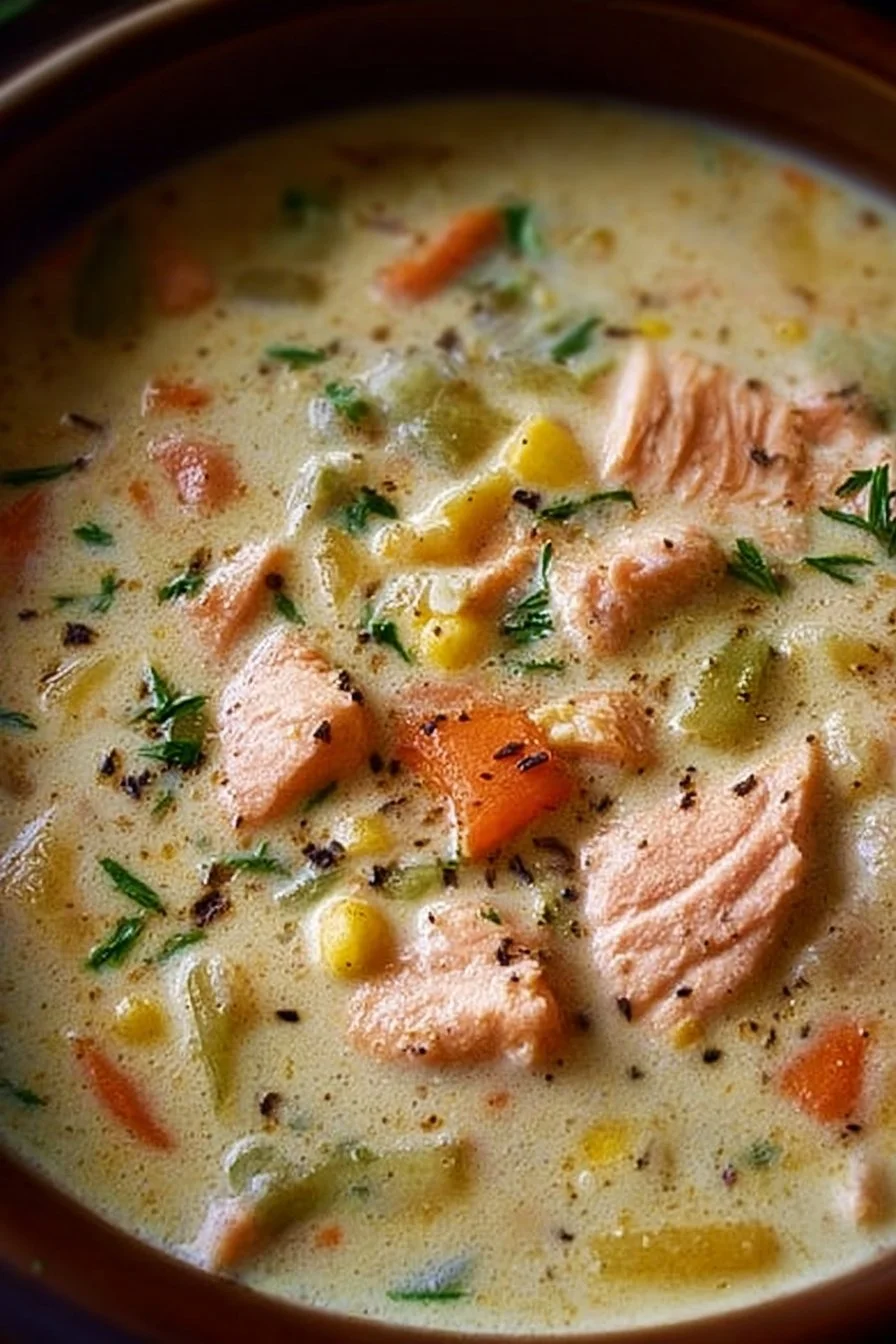 Creamy Salmon Chowder 2 Bowl of creamy salmon chowder with vegetables and herbs
